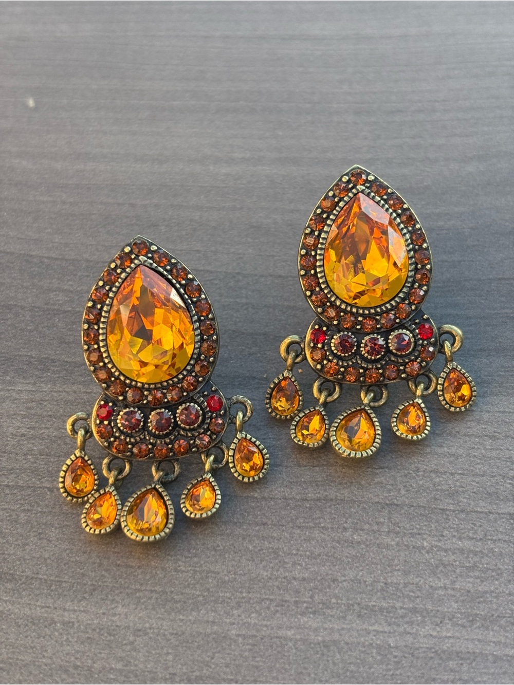 Heidi Daus Gold-Tone Amber Color and Red Teardrop Dangle Clip-On Earrings